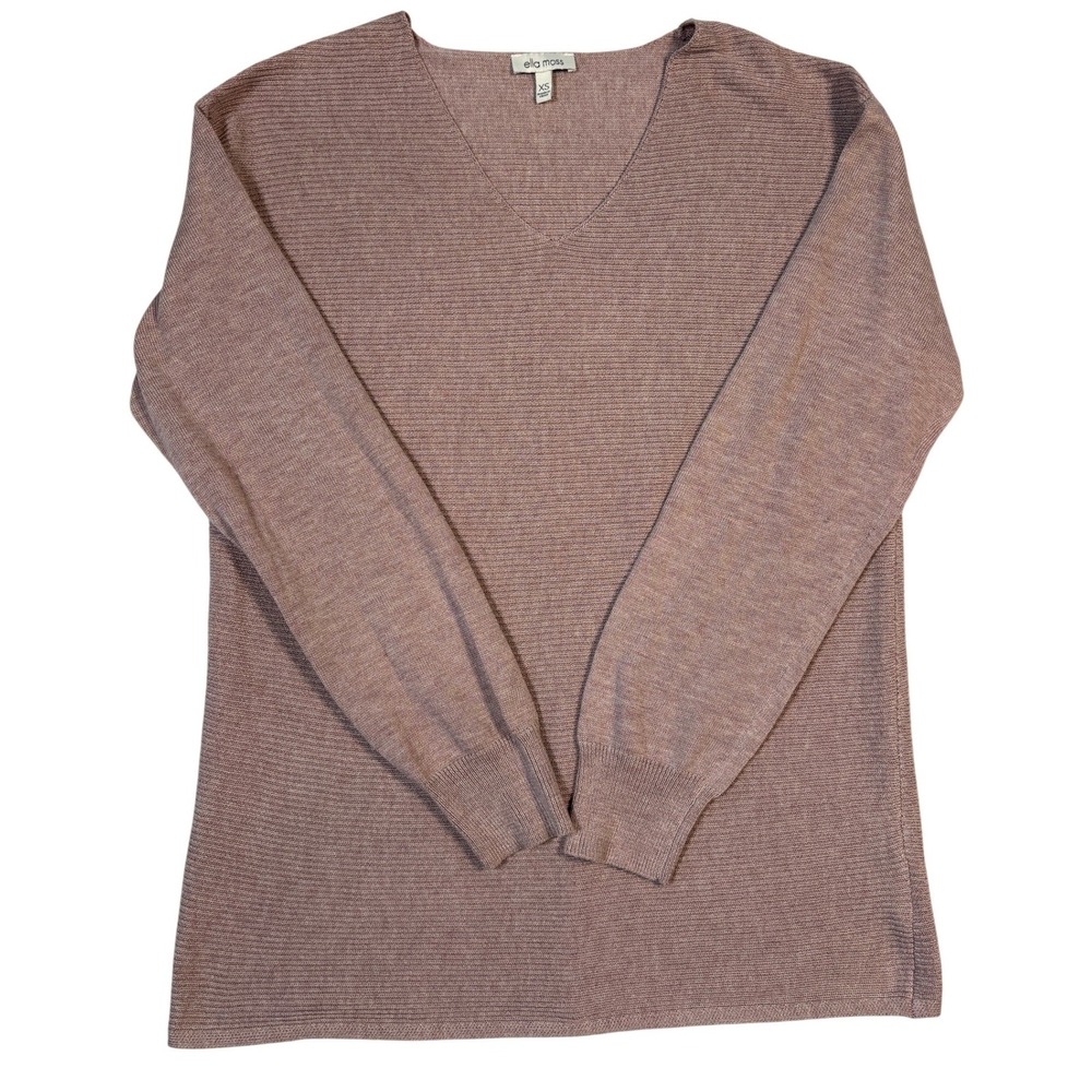 Ella Moss Womens V-Neck Ribbed Knit Sweater Mauve Pink Long Sleeve XS